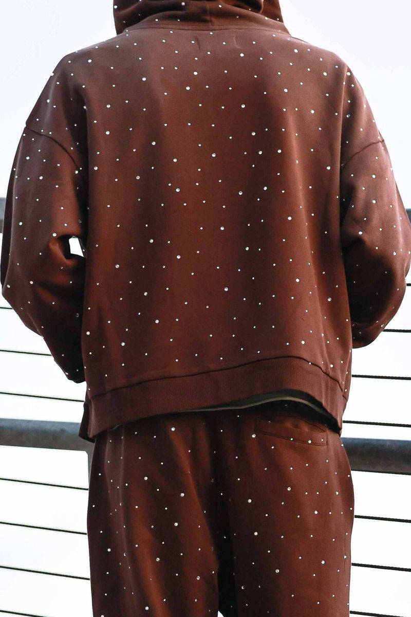 First Row Heavy Washed Cropped Rhinestone Hoodie “Brown”
