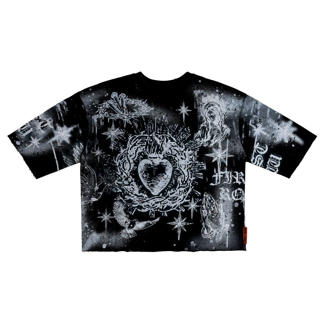 First Row Cropped Mini Terry Tee 3/4 Sleeve “Black”