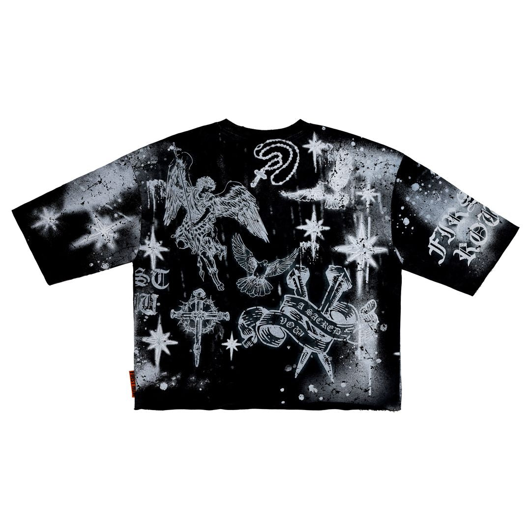 First Row Cropped Mini Terry Tee 3/4 Sleeve “Black”