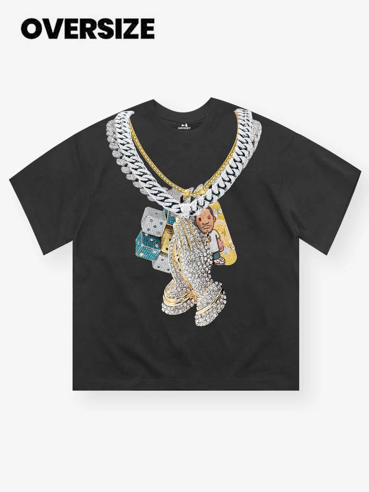 Noissey Praying Hands Diamond Necklace Printed T-shirt