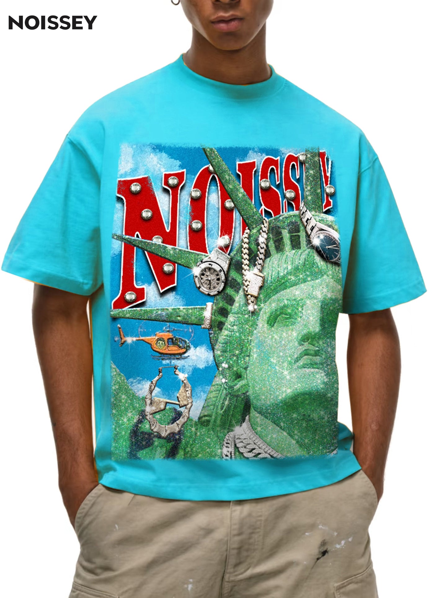 Boxy Oversized Blue T-shirt with Sparkling Statue of Liberty Print