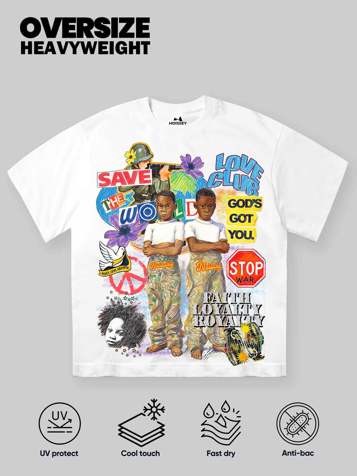 NOISSEY "Save The World" Peace Collage T-Shirt - Stop War & Faith Loyalty Graffiti Graphic Tee