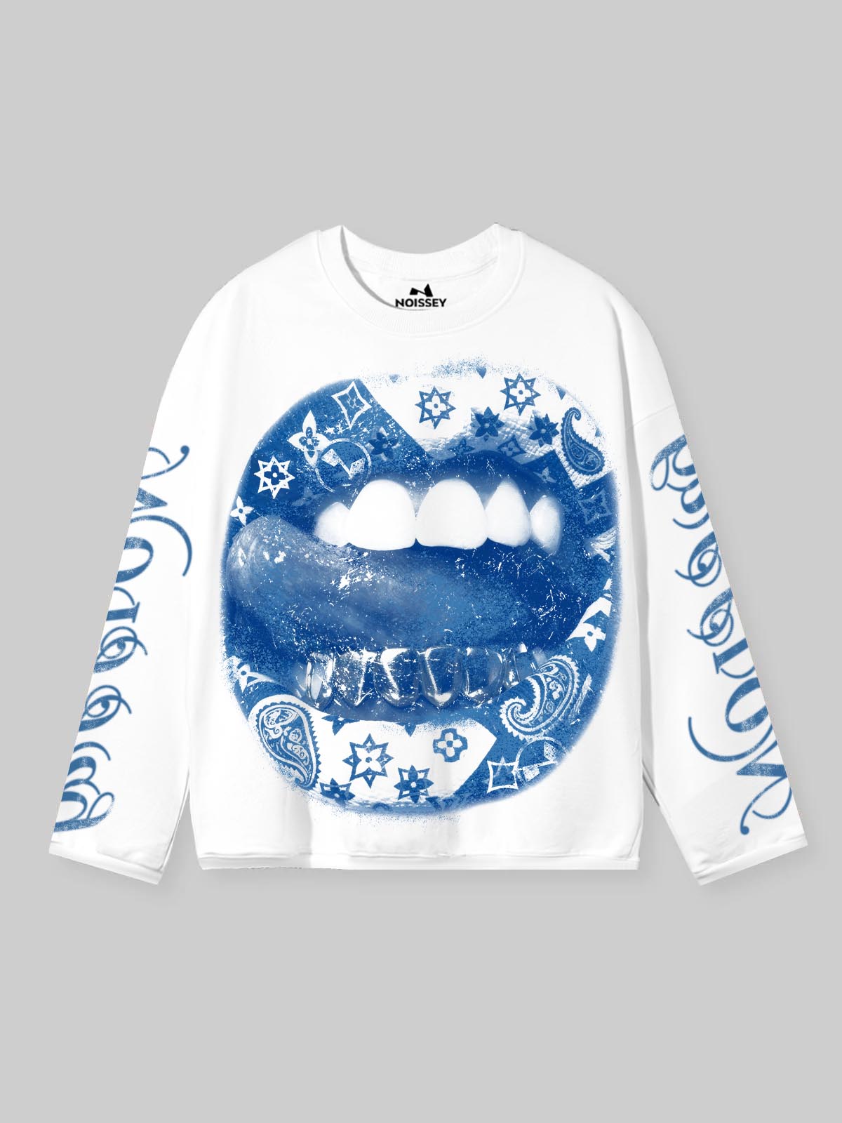 NOISSEY "HUSTLE" BLUE PAISLEY LIP GRAPHIC LONG SLEEVE - WHITE/ICE BLUE