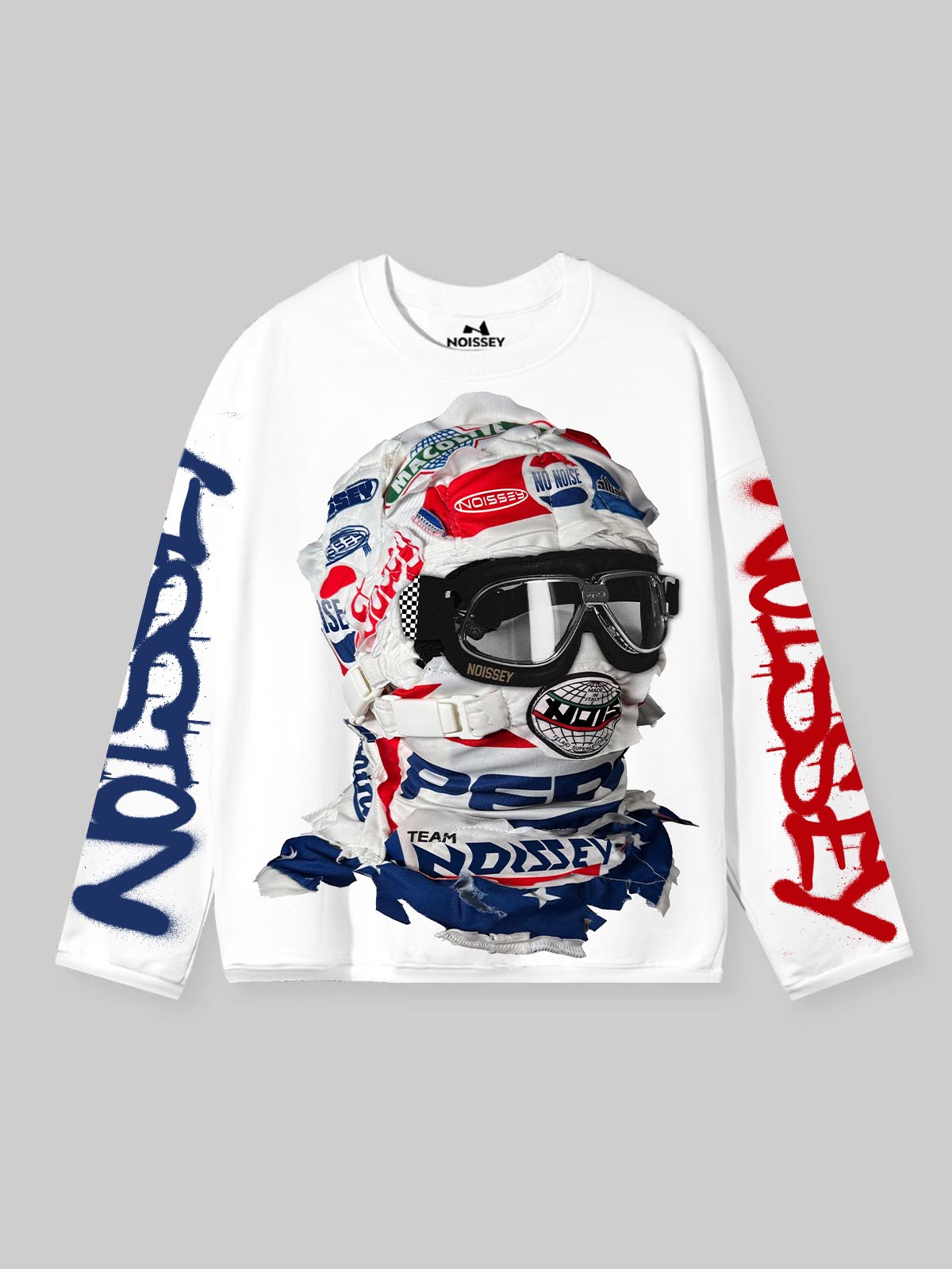 NOISSEY Speed Phantom Racing Mask Asymmetric Graffiti Long Sleeve Shirt - White
