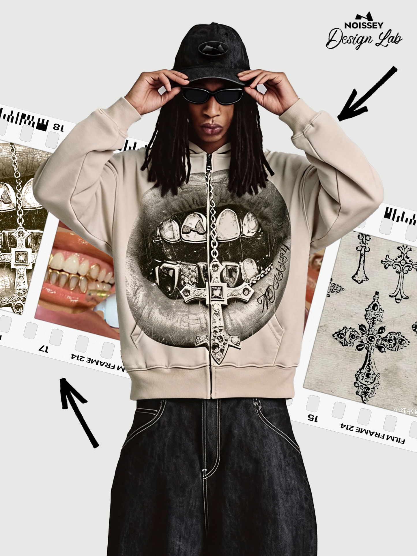 Retro Monochrome Cross Grillz Shell-colored Print Boxy Hoodie