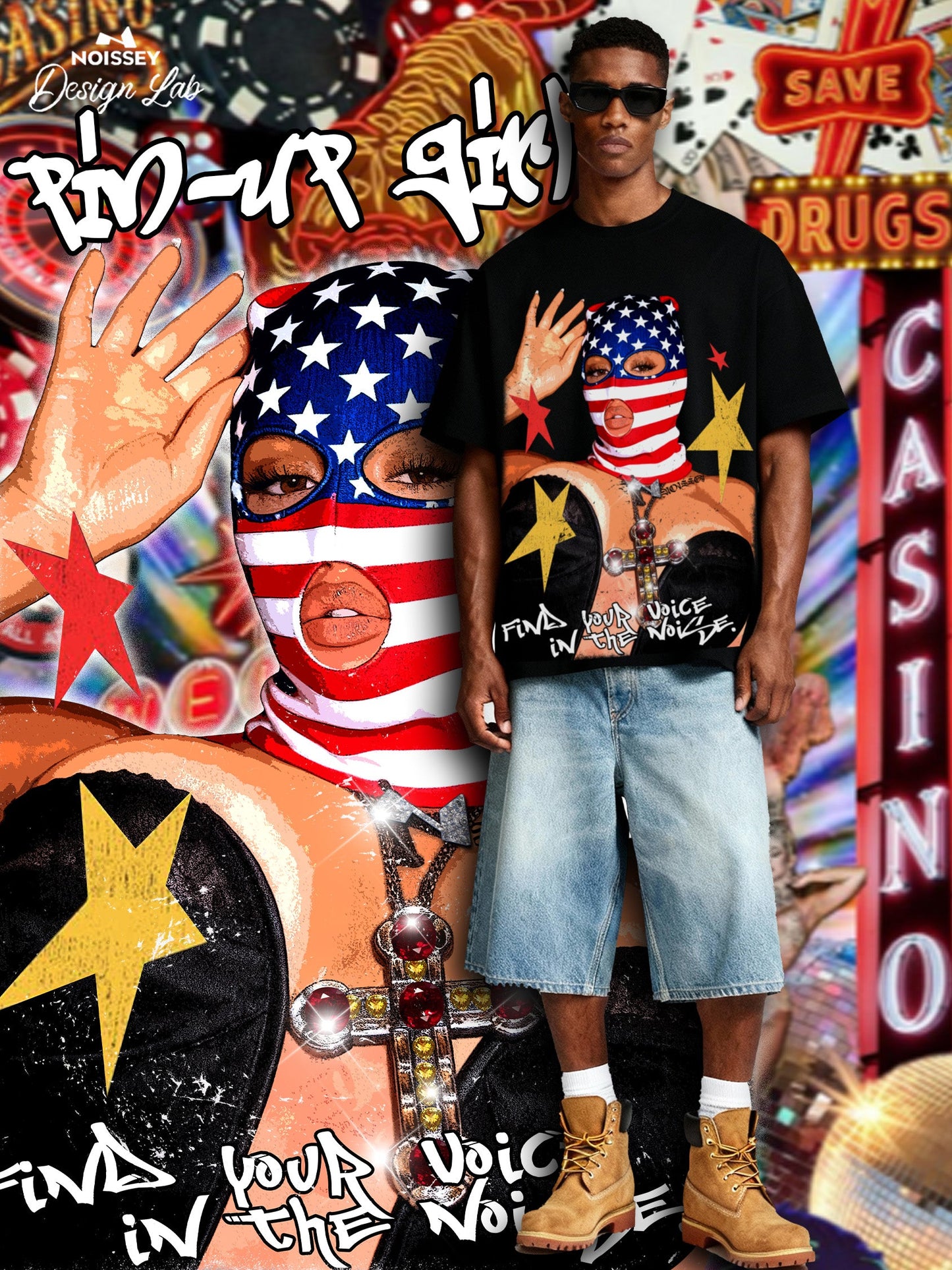 American Flag Balaclava Lady Art Painting Print Boxy Oversized T-shirt