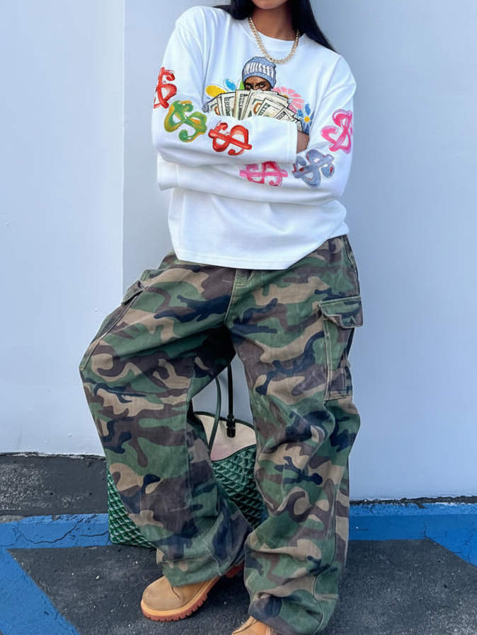 NOISSEY "It Was All A Dream" Hand-Drawn Cash Portrait & Graffiti Flowers Long Sleeve Tee Two Colors