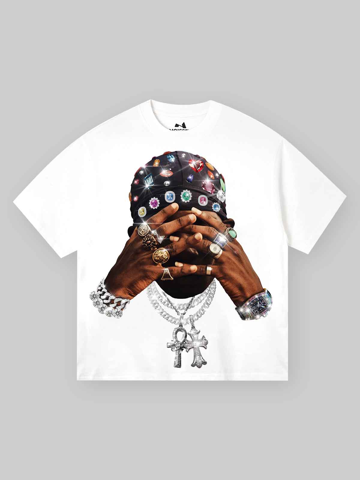 Hip-Hop Diamond Hand Rich Figure Print T-shirt