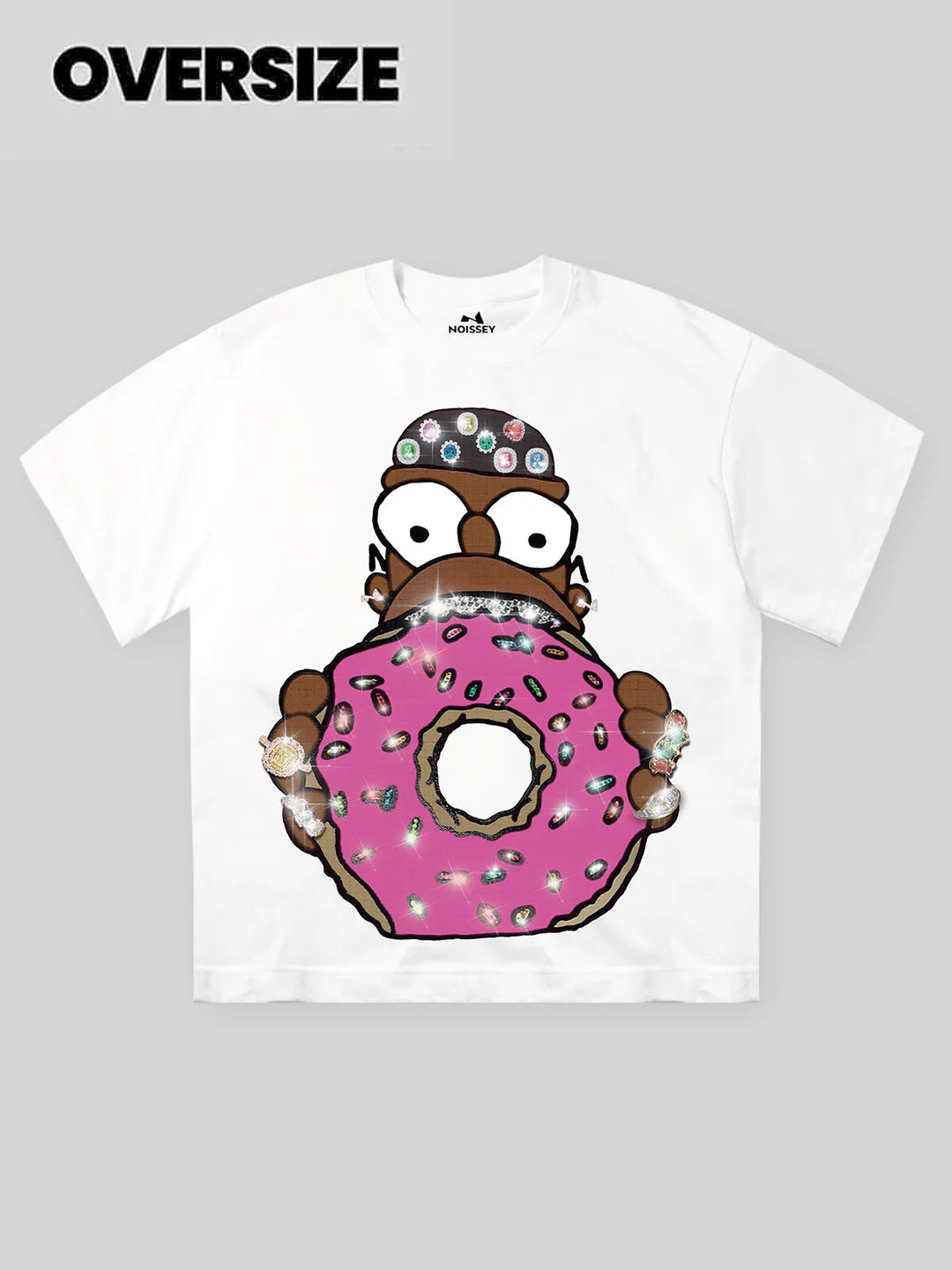 Taking a big bite out of a diamond donut cartoon print T-shirt