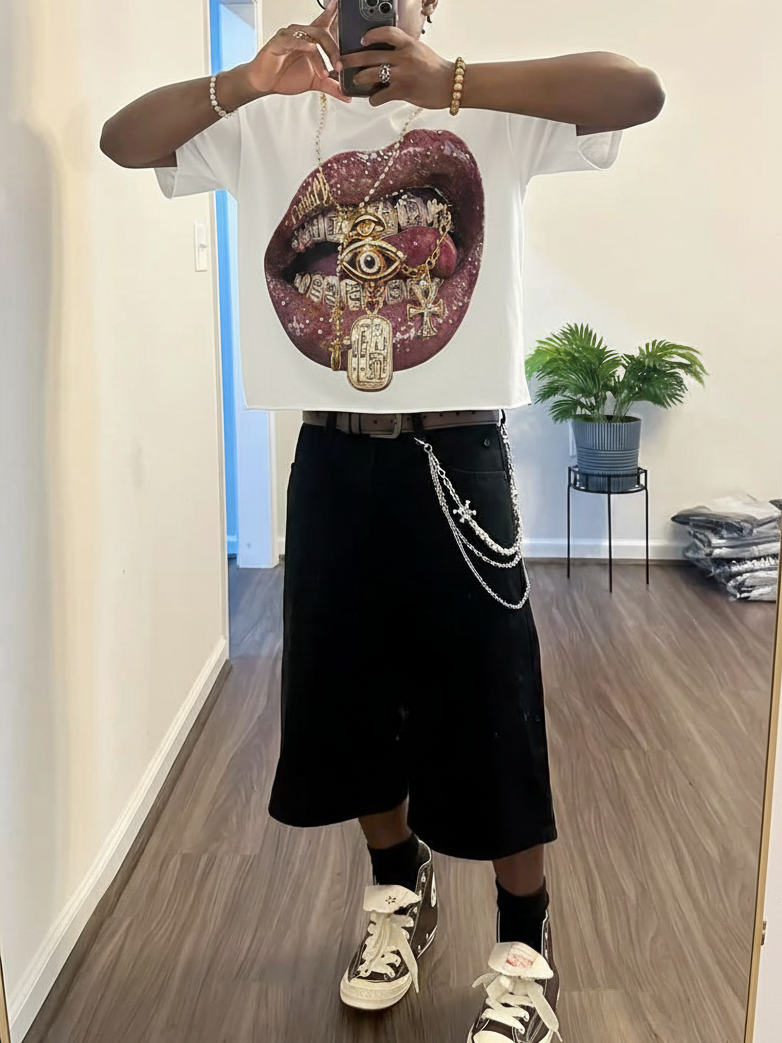 NOISSEY "The Golden Oracle" Wet-Gloss Lips Pharaonic Hieroglyphic Grills Oversized Tee