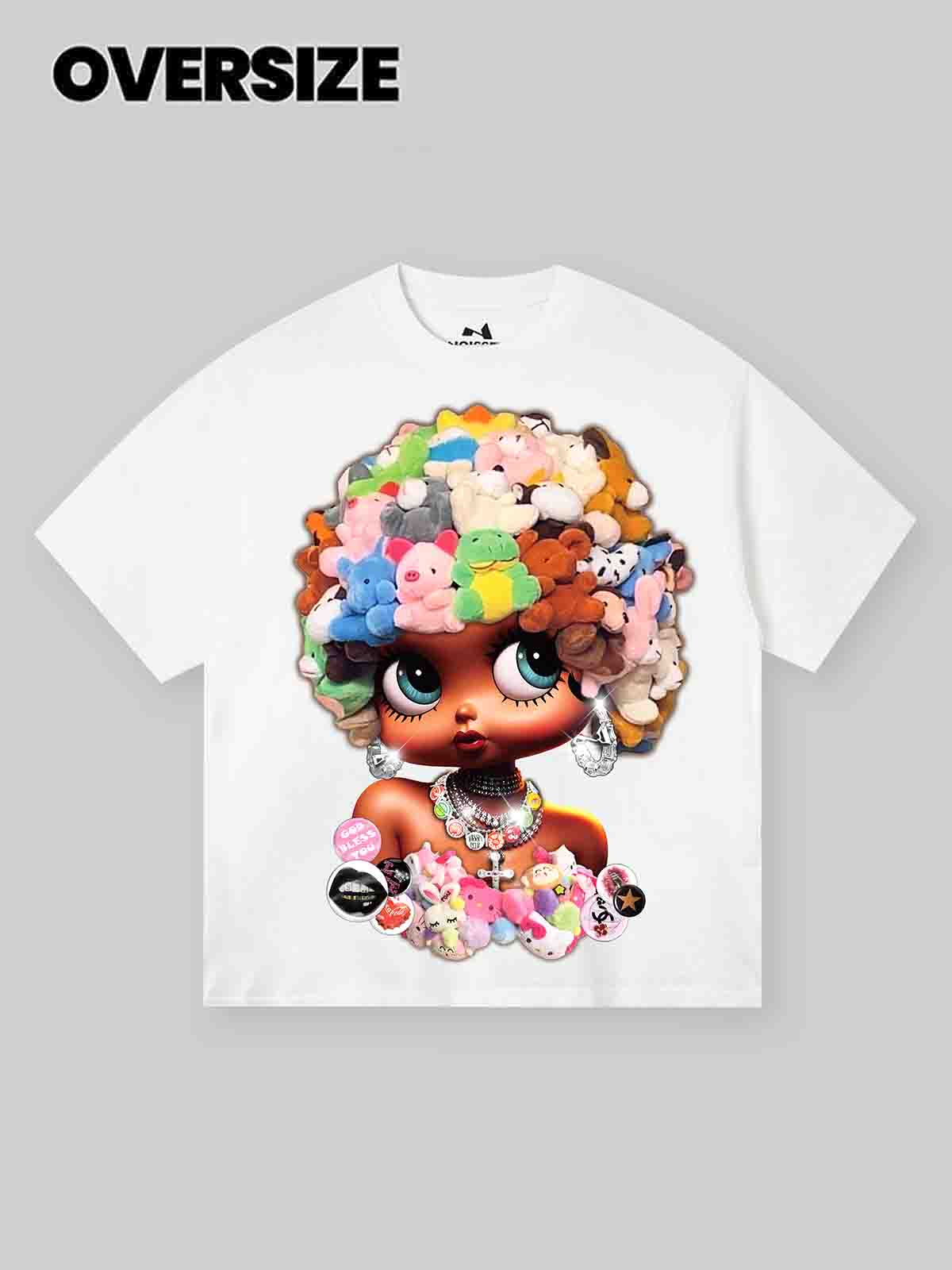Noissey Calorful Plush Doll Head Cover Cartoon girt Print T-shirt