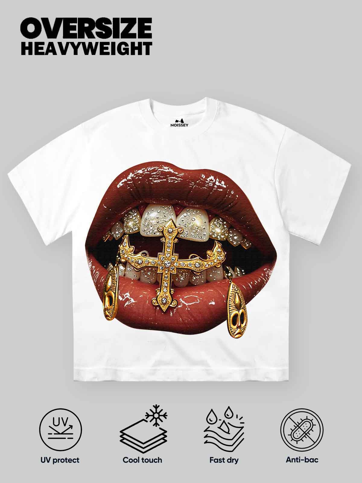 High-Quality Gold Diamond Ring and Mask Culture Lip Print heavyweight T-shirt