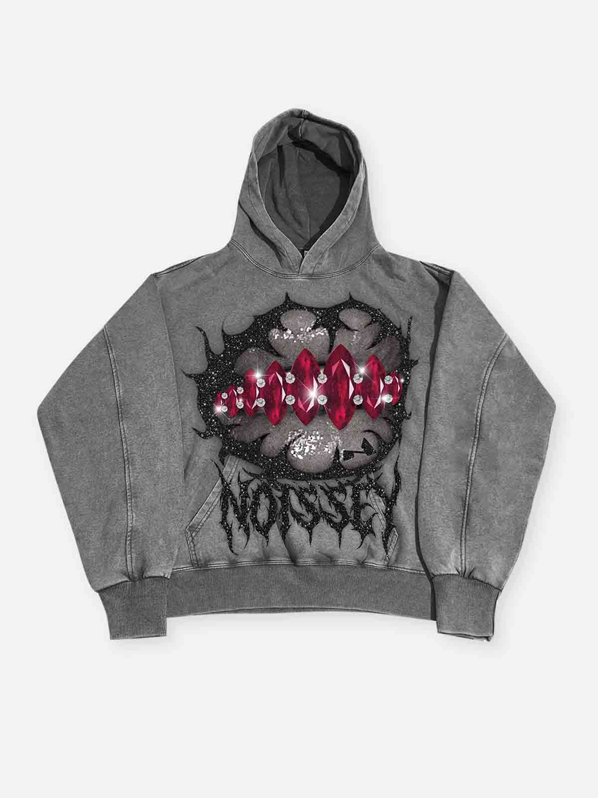 Noissey Rock Night Red Diamond Lip Print Washed Hoodie