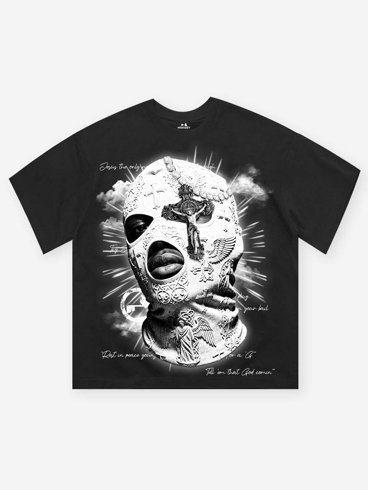 Religious Cross Embossed Balaclava Print T-shirt