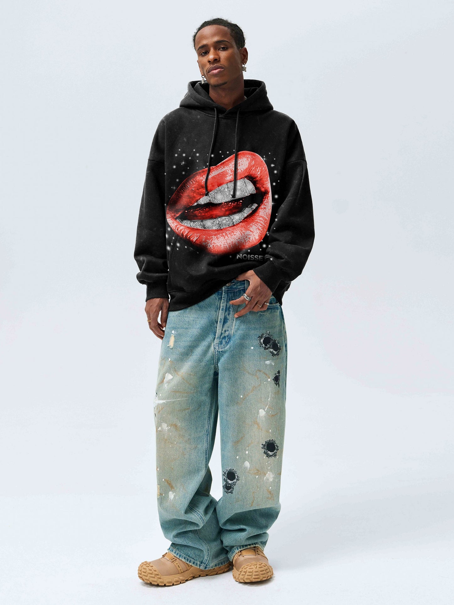 Dazzling Red Lips Starry Print 350g Black Washed Hoodie