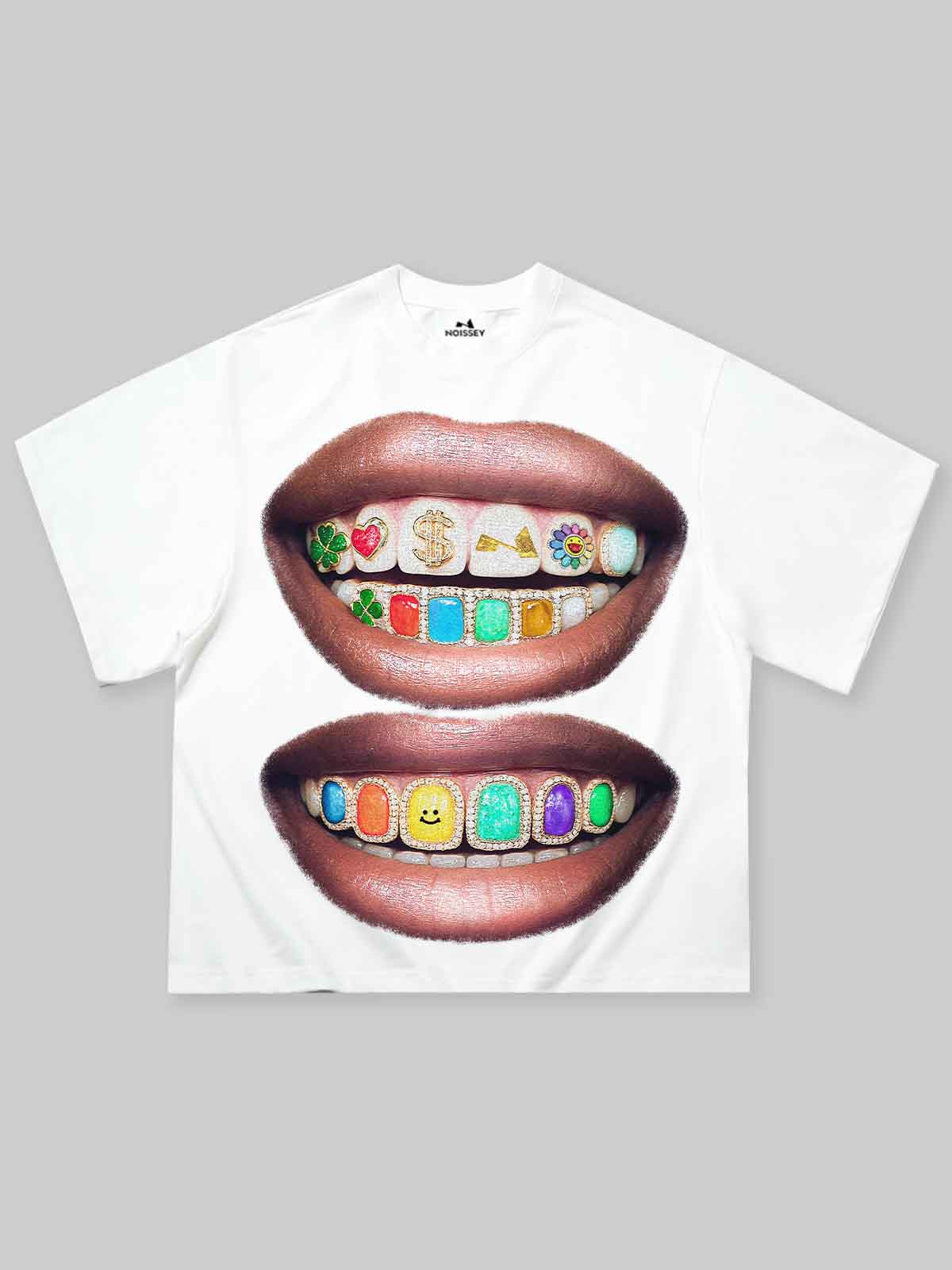 Iridescent Gem Grills Lip Print Boxy oversized T-shirt