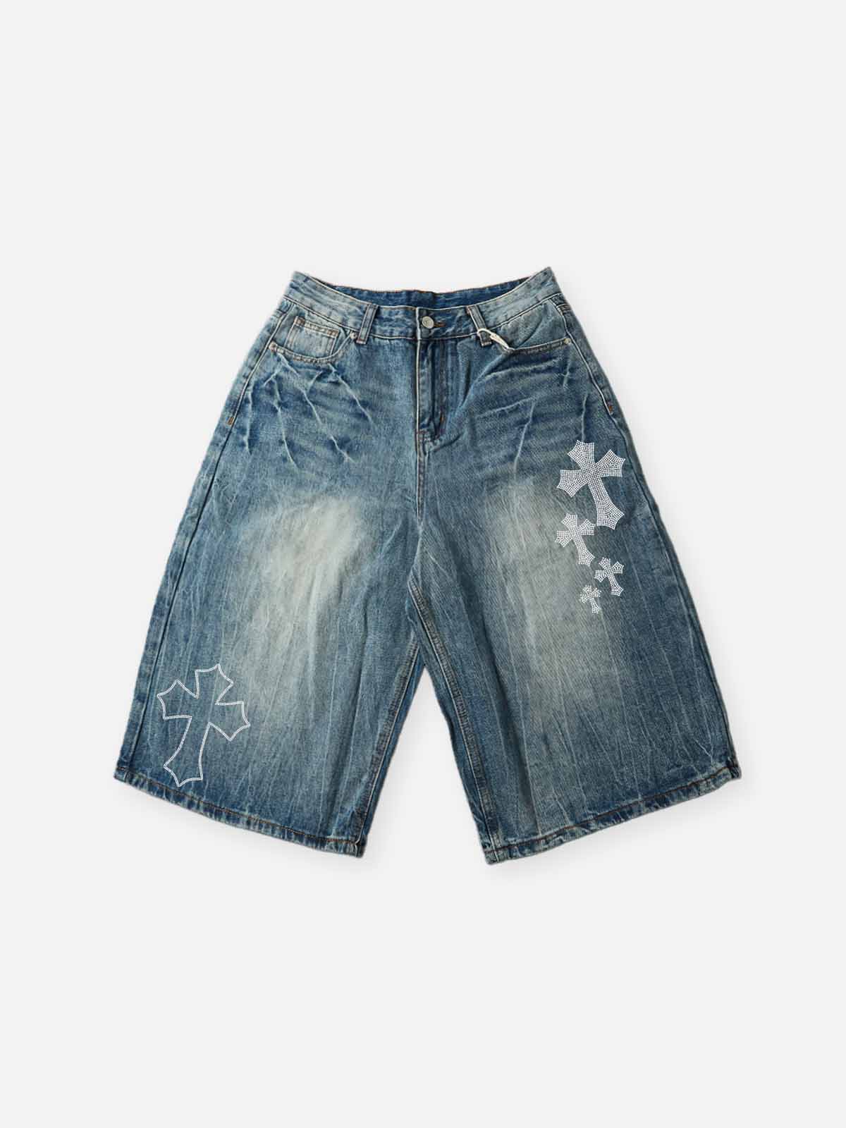 NOISSEY "Gothic Cross" Rhinestone Bleach-Washed Denim Shorts - High-Street Wide-Leg 2 Colors