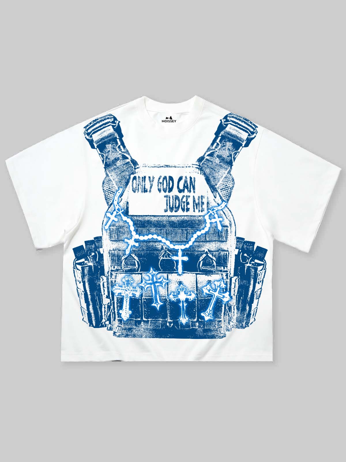 NOISSEY Only God Can Judge Me Blue-Tone Tactical Vest Art Tee - Cloud White