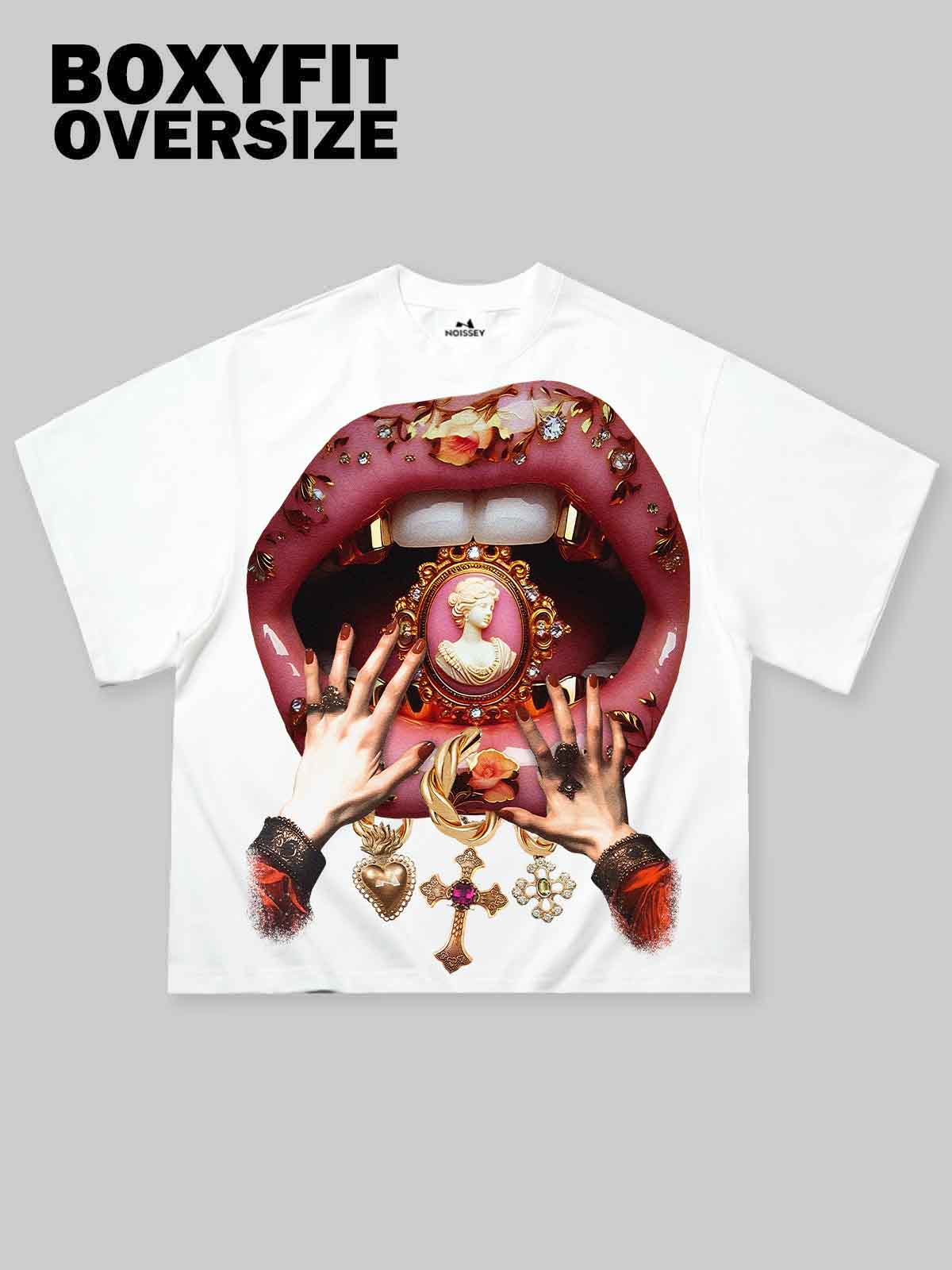 Boxy Oversized T-shirt with Royal Sculpture Badge, Floral and Lip Print