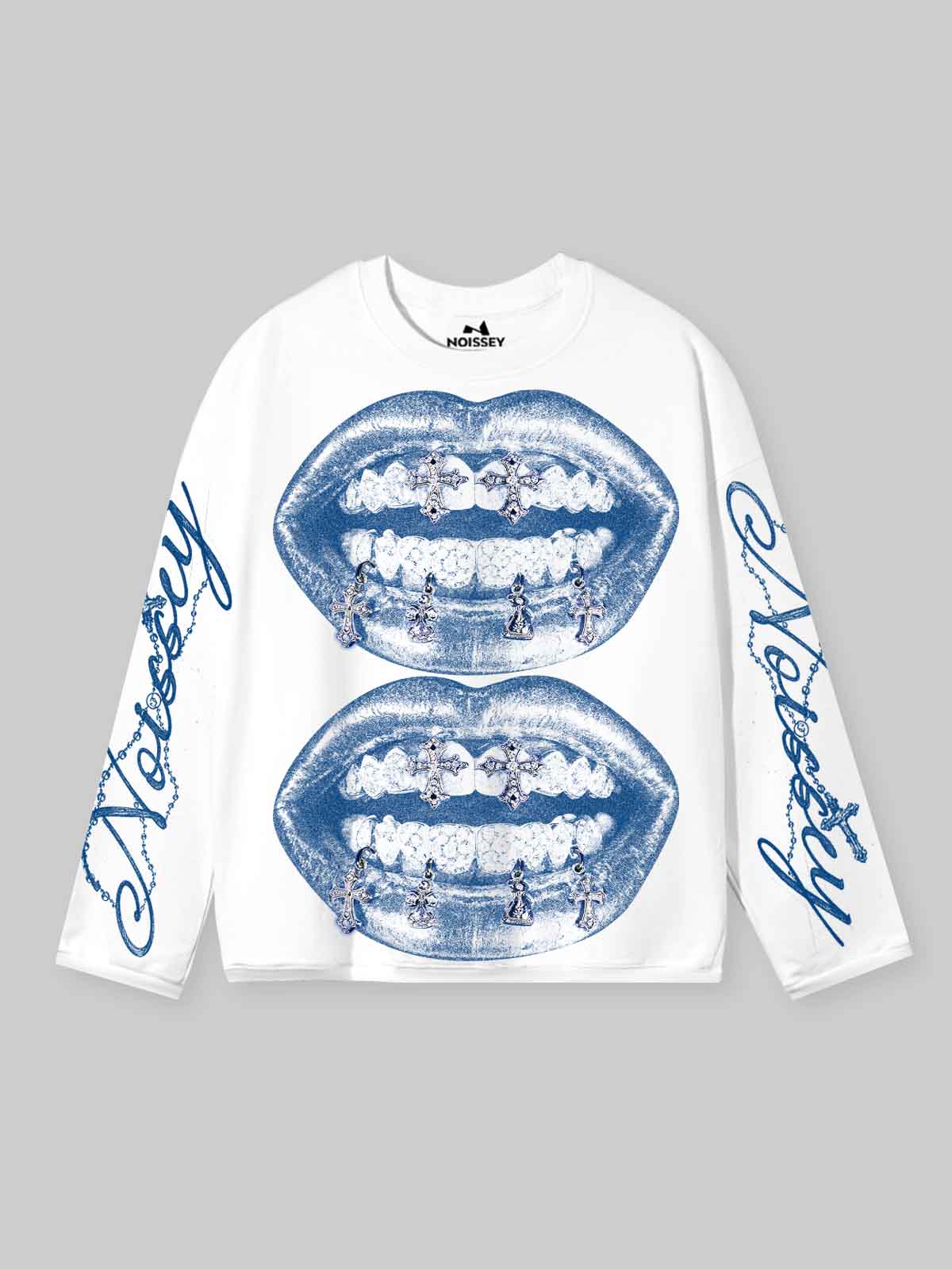 NOISSEY "Vintage Blue Lips" Double Lips & Chrome Cross Graphic Long Sleeve Tee
