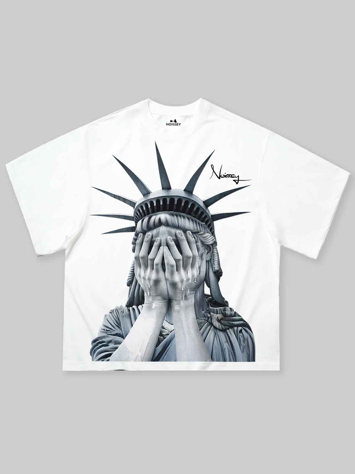 Boxy Oversized T-shirt with Weeping Statue of Liberty Print