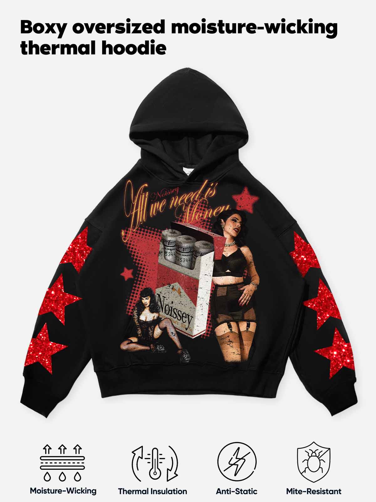 All we need is money! Red glittering diamond tech-fabric hoodie