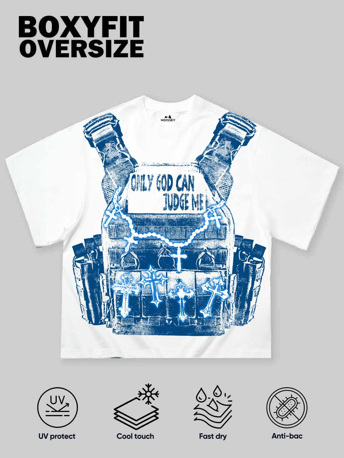 NOISSEY Only God Can Judge Me Blue-Tone Tactical Vest Art Tee - Cloud White
