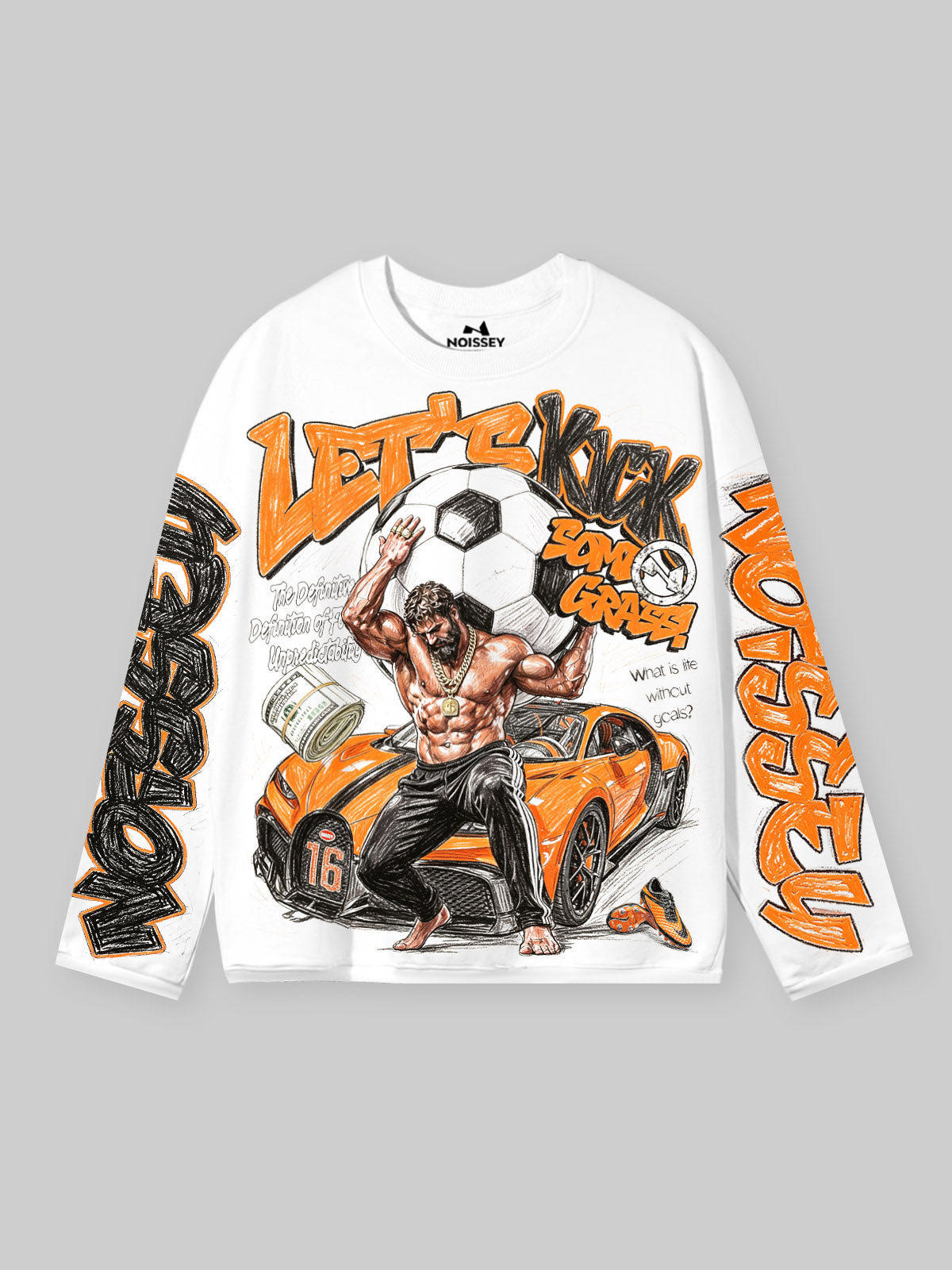 NOISSEY Orange Supercar Graffiti Art DTG Long Sleeve Shirt - White