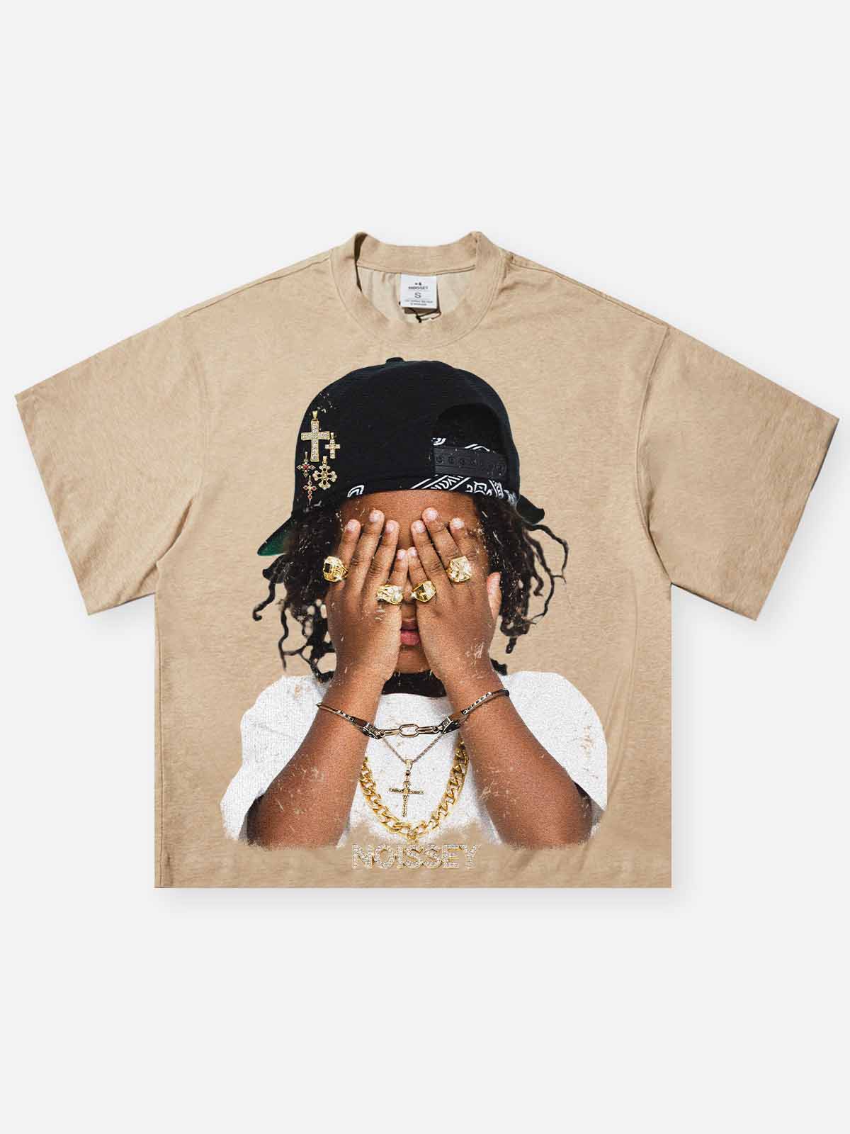 Boxy Oversized T-shirt with Hip-Hop Kid Covering Eyes Print