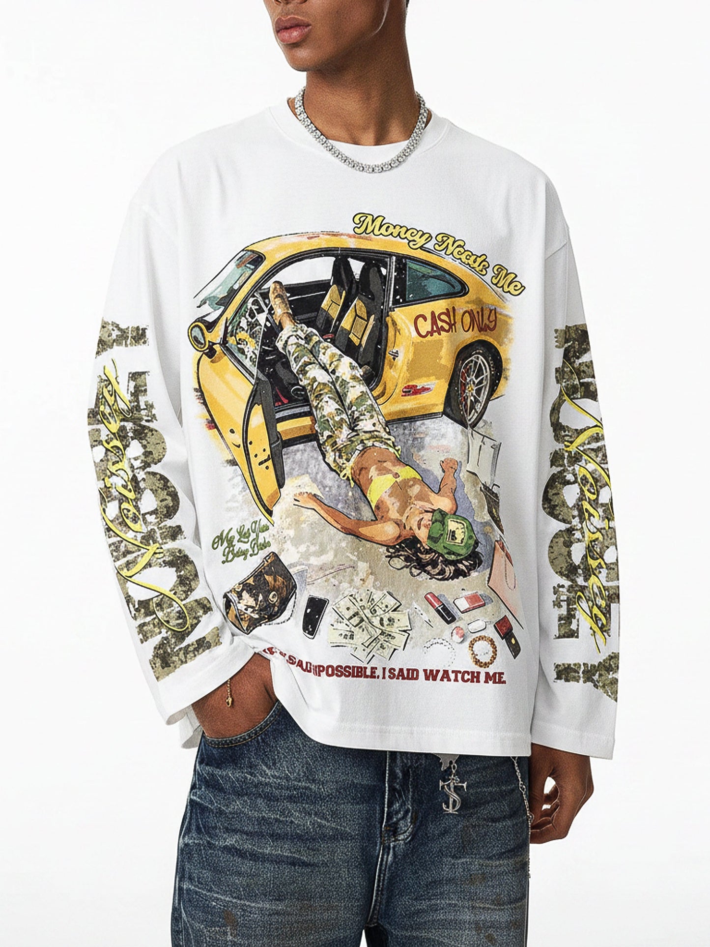 NOISSEY "Money Needs Me" Boxy Heavyweight Camo Art Long Sleeve - Cloud White