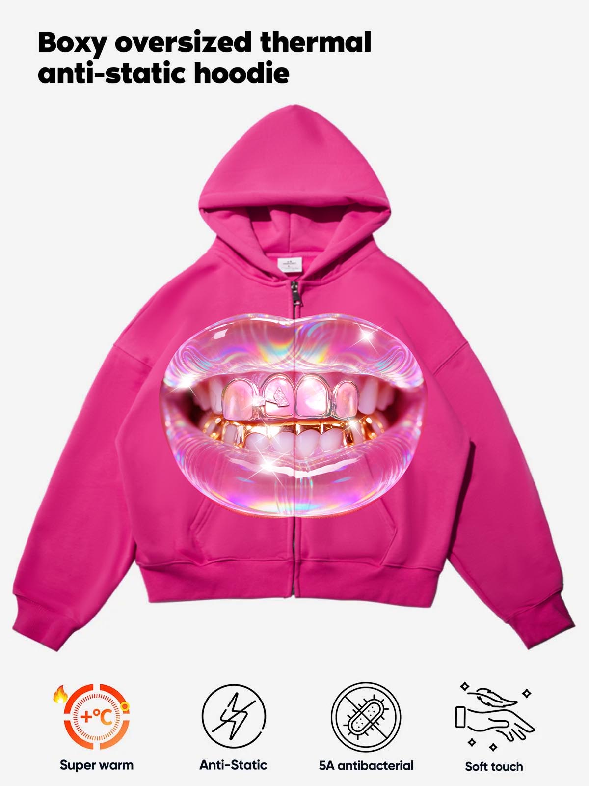 Transparent jelly cat's eye Grillz print pink warm hoodie