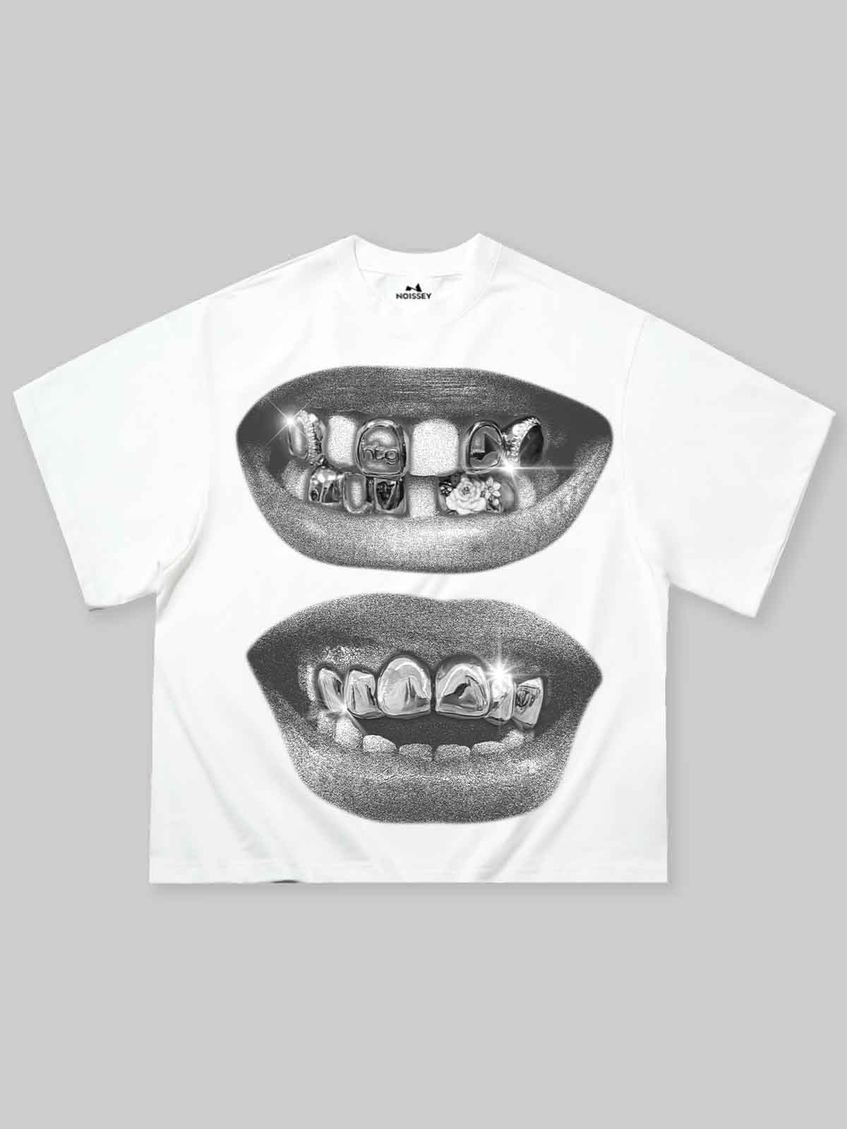 Boxy oversized T-shirt Retro Black Lips Grills Print