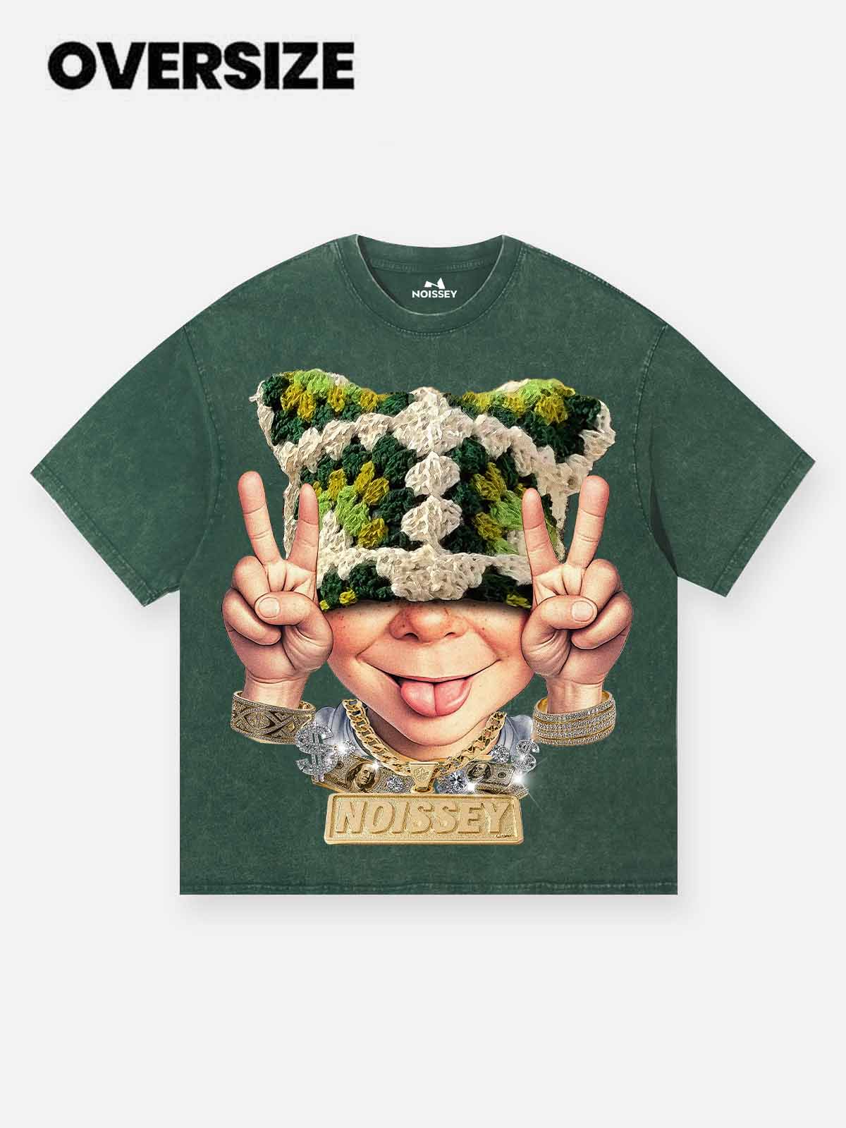 Bad boy wearing green cat hat washed green print T-shirt