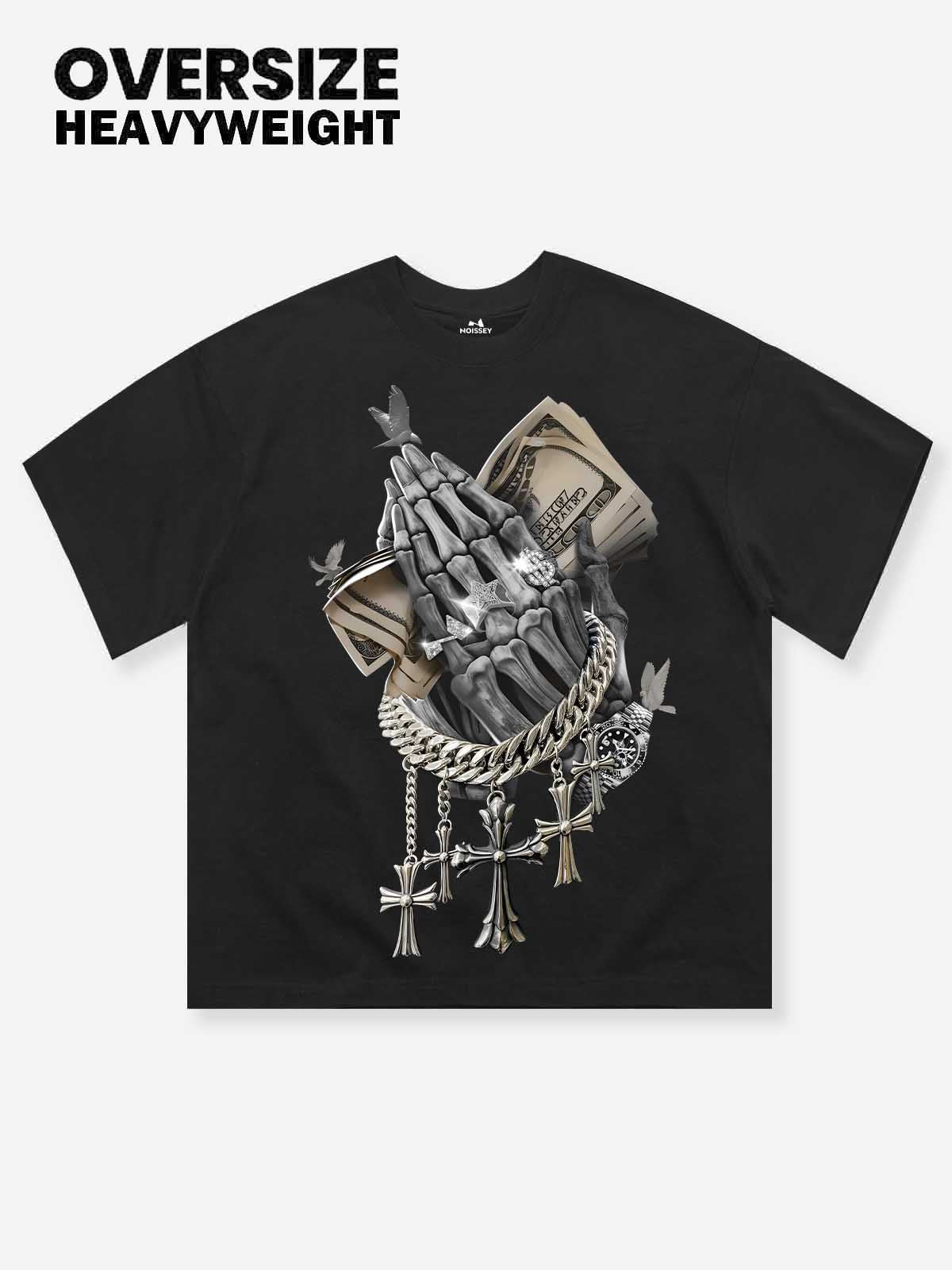 Skull Praying Hands Print T-shirt
