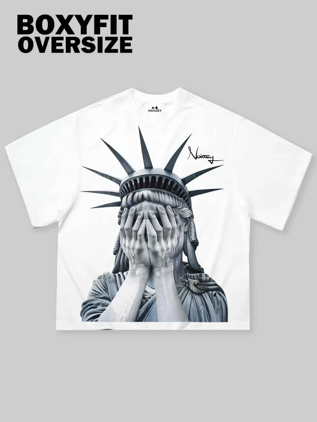 Boxy Oversized T-shirt with Weeping Statue of Liberty Print