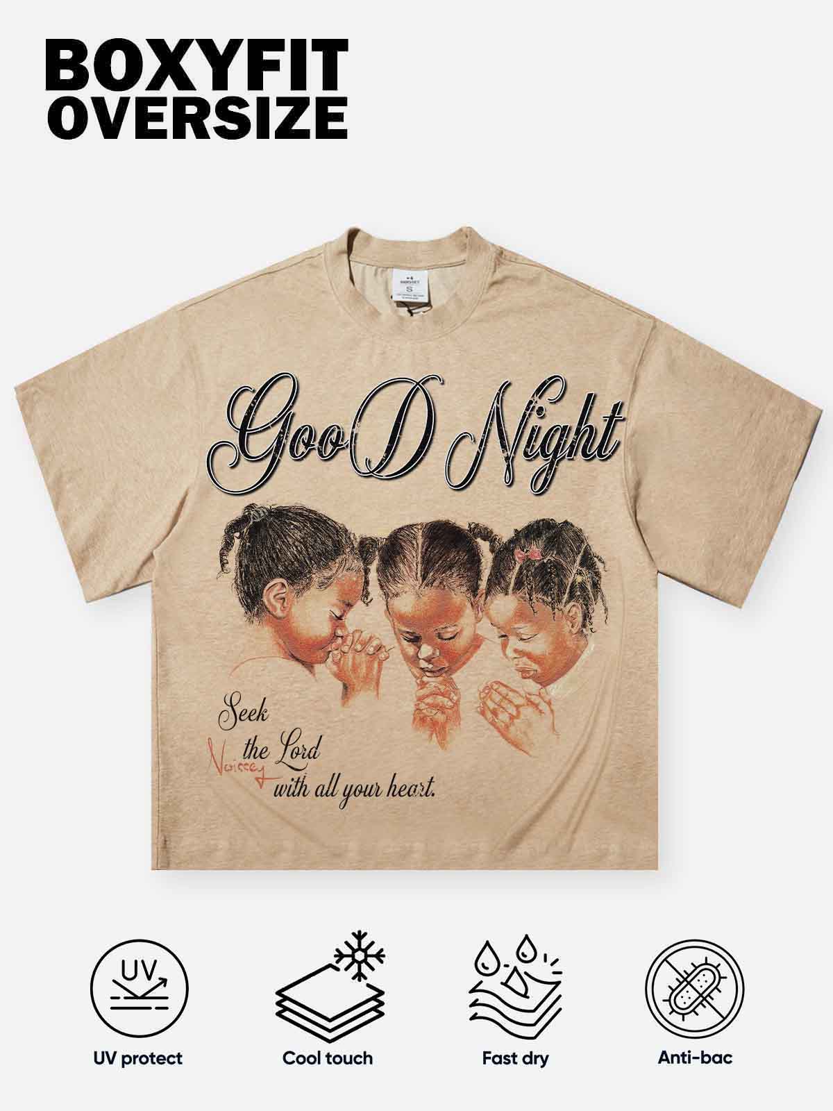 Boxy Oversized Gold T-shirt - Good Night Three Praying Girls