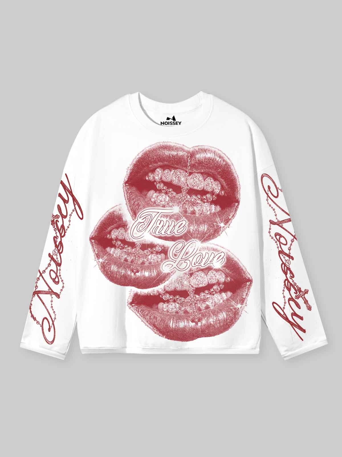 NOISSEY "True Love" Diamond Grillz & Cross Lips Graphic Long Sleeve Tee