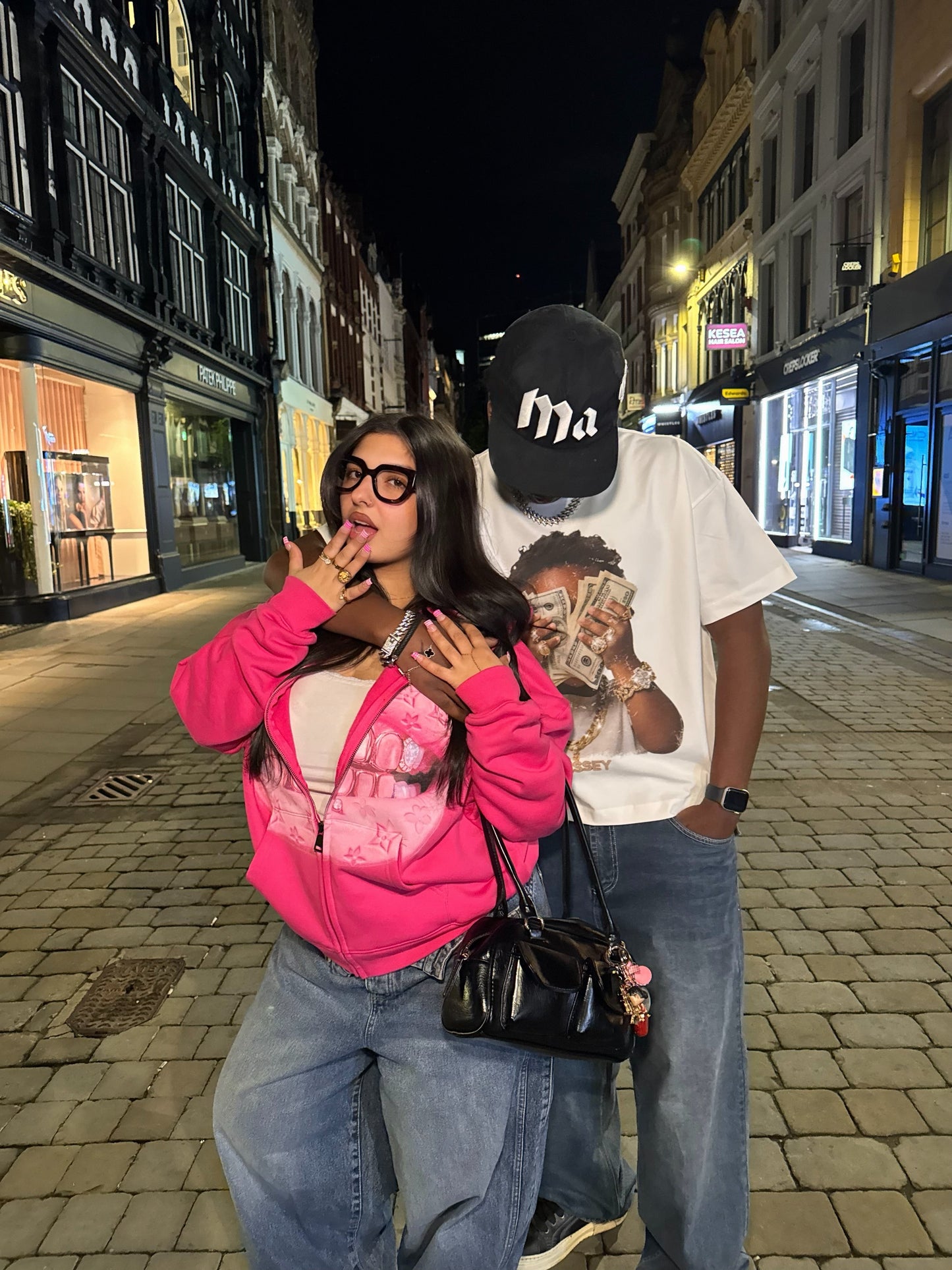 NOISSEY Pink "Leather Cat's Eye" Grillz Zip-Up print Hoodie