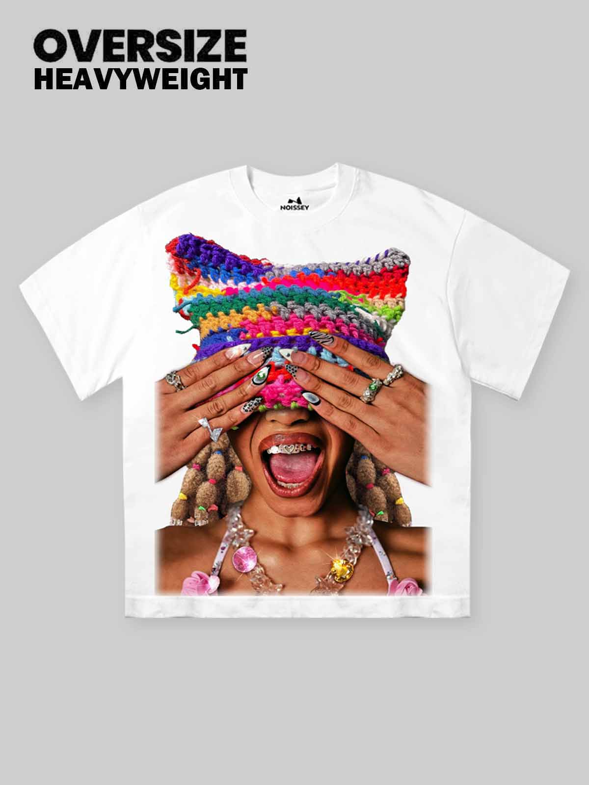 Rainbow Knitted Art Cat-Ear Hat Character Print T-shirt