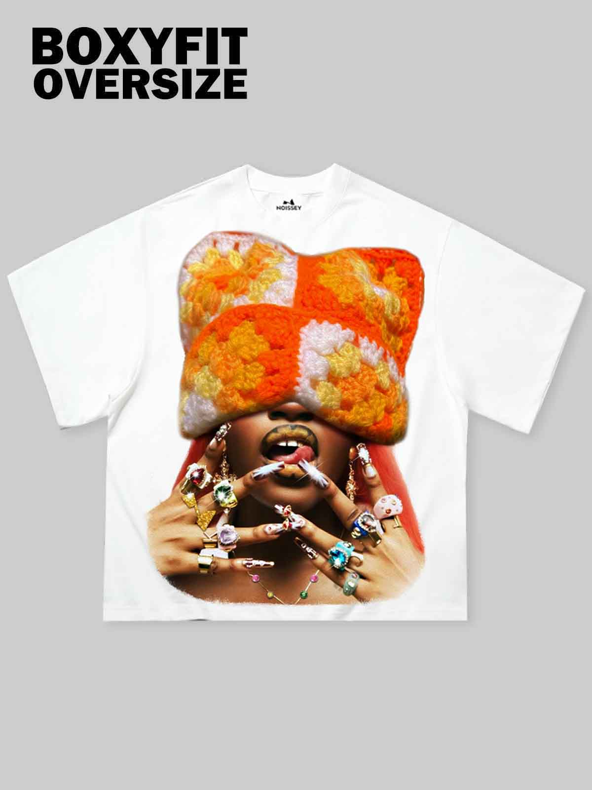 Boxy Oversized T-shirt with Orange Cat-Ear Hoodie Girl Print