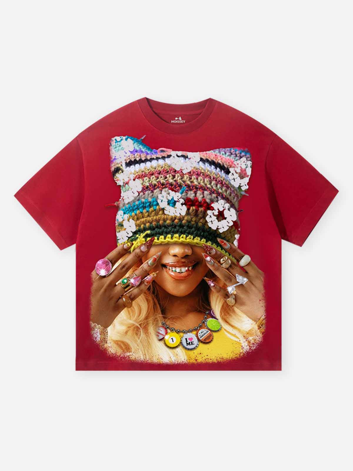 Colorful Cotton-Woven Cat-Ear Hat Girl Character Print Red Quick-Dry T-Shirt