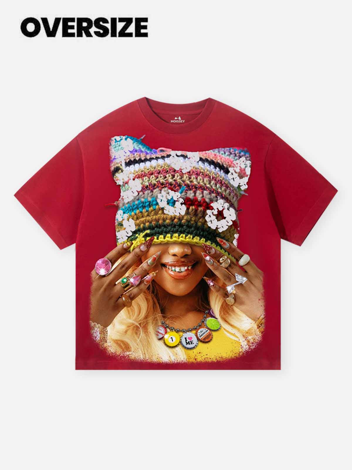 Colorful Cotton-Woven Cat-Ear Hat Girl Character Print Red Quick-Dry T-Shirt