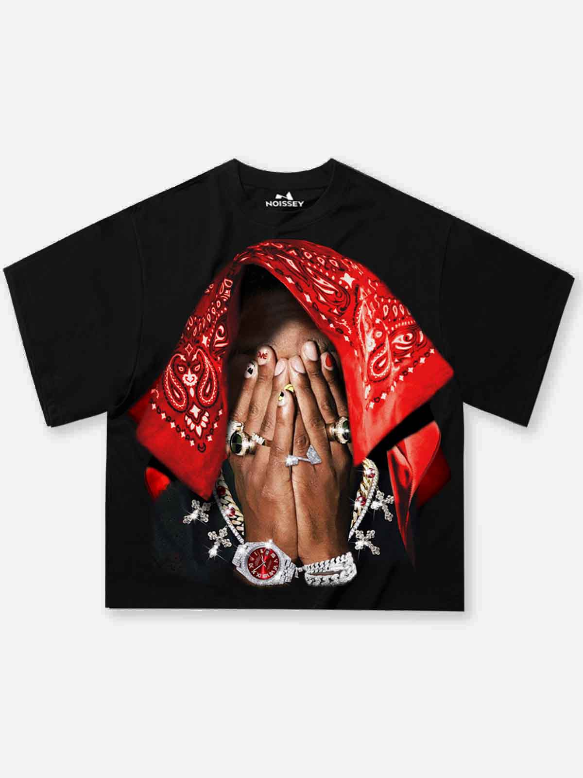 Boxy Oversized T-shirt with Red Paisley Art Headscarf Figure Print