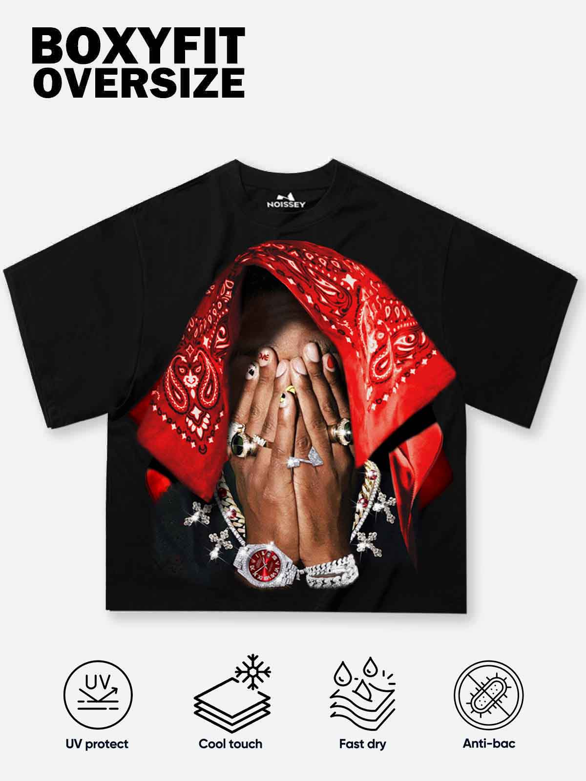 Boxy Oversized T-shirt with Red Paisley Art Headscarf Figure Print
