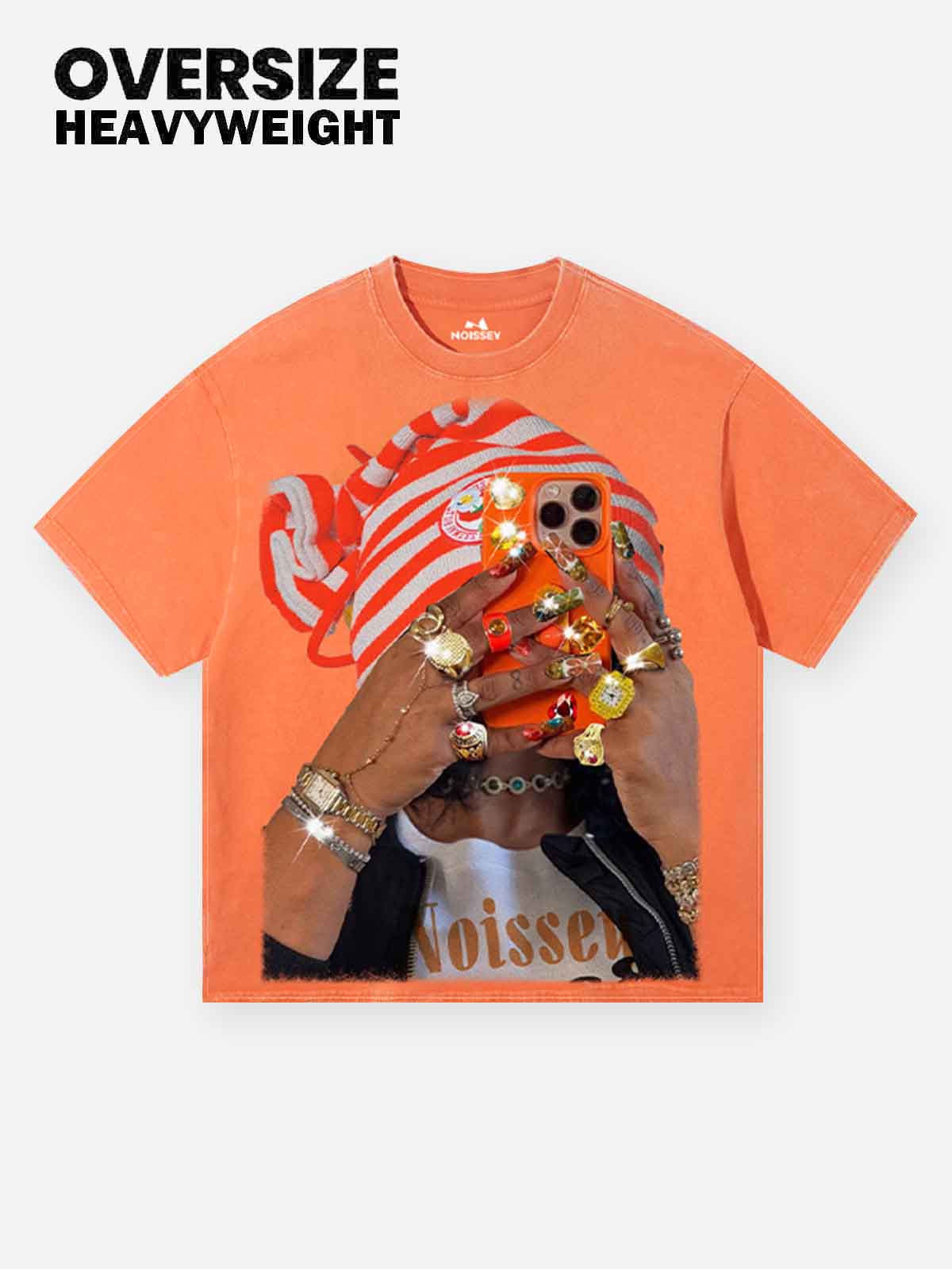 Striped Cap Orange Wash Print T-shirt