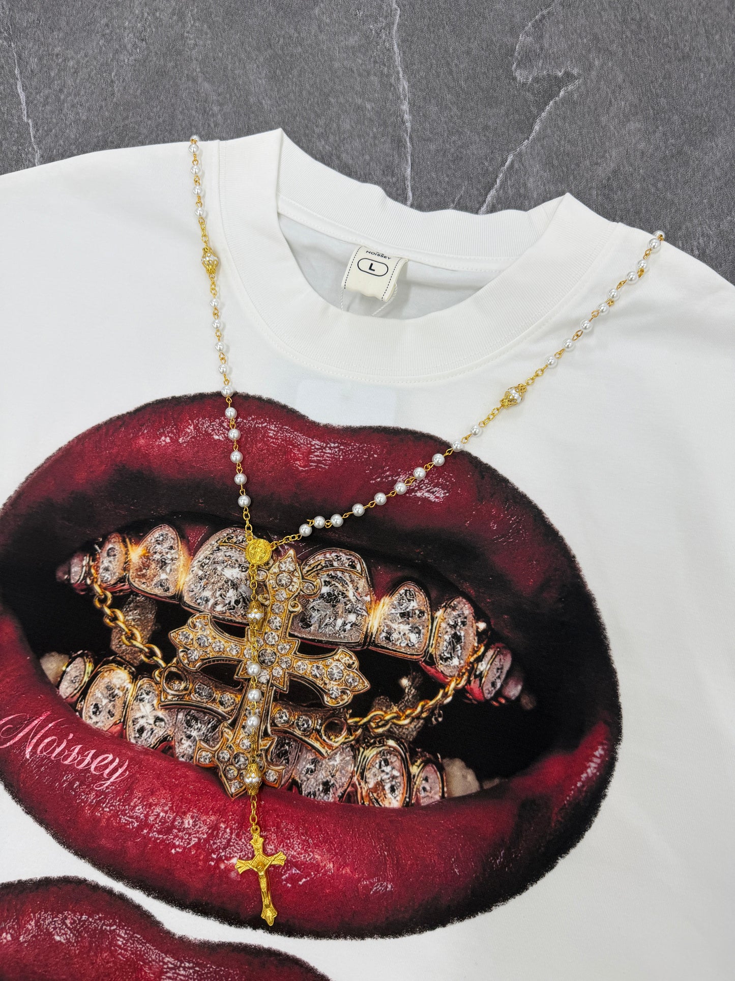 NOISSEY "Burgundy Lips" Golden Cross & Iced-Out Grillz Oversized Graphic Tee
