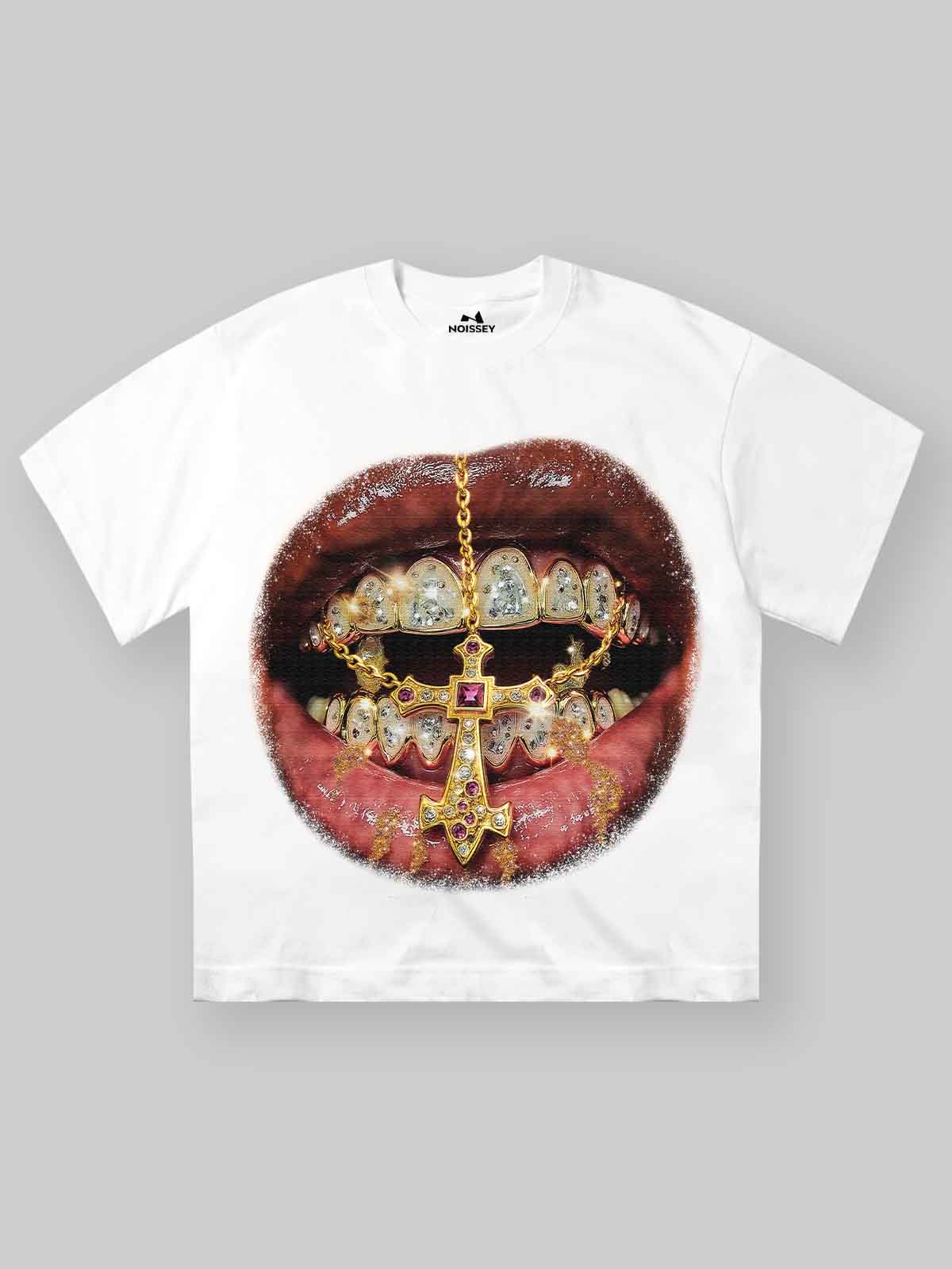 High-Quality Golden Cross Diamond Patch Grills Print heavyweight T-shirt