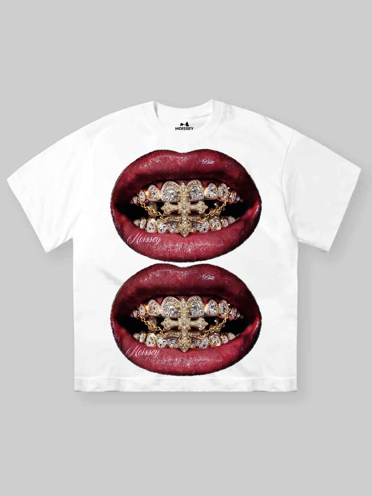 NOISSEY "Burgundy Lips" Golden Cross & Iced-Out Grillz Oversized Graphic Tee
