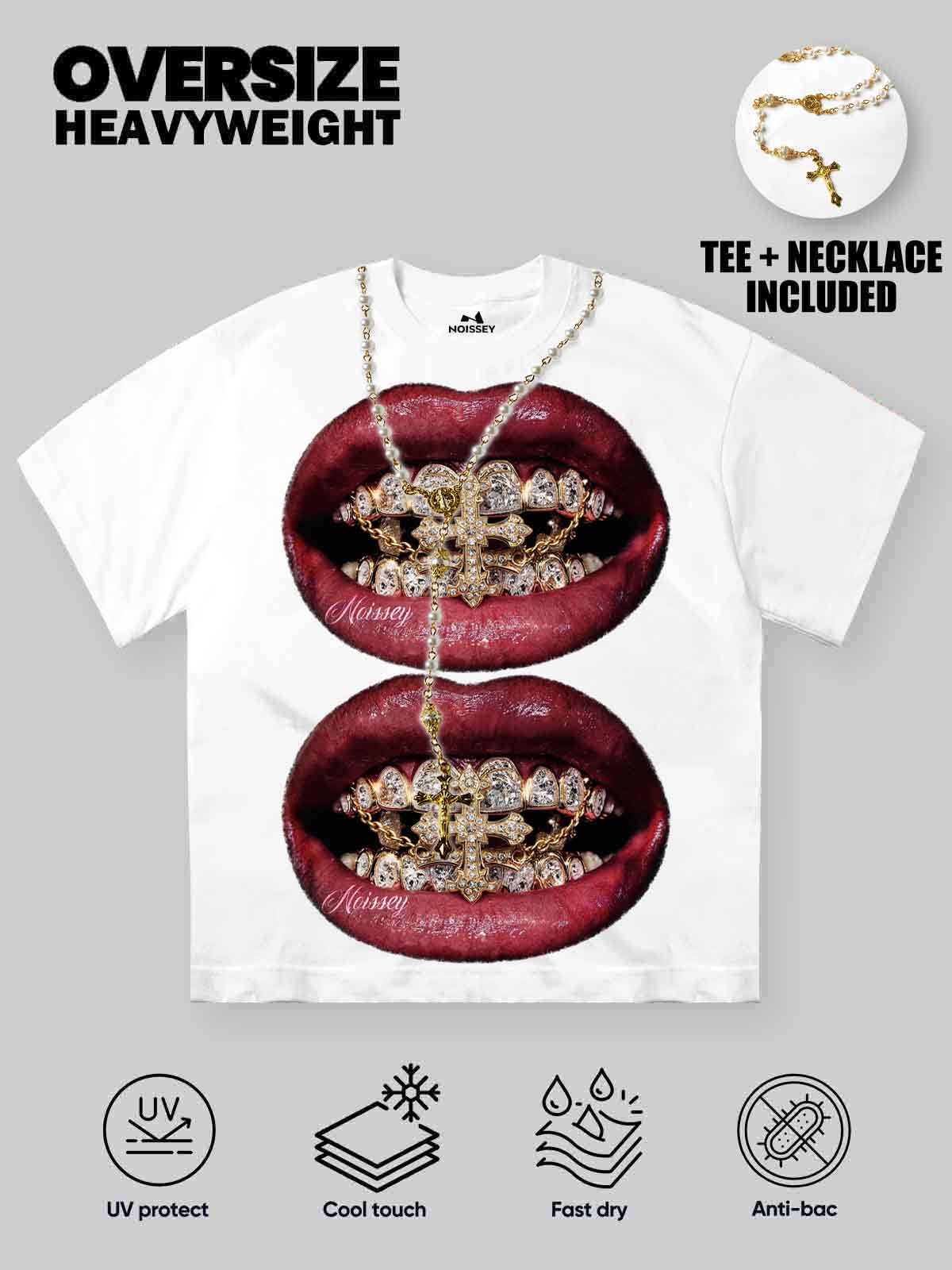 NOISSEY "Burgundy Lips" Golden Cross & Iced-Out Grillz Oversized Graphic Tee