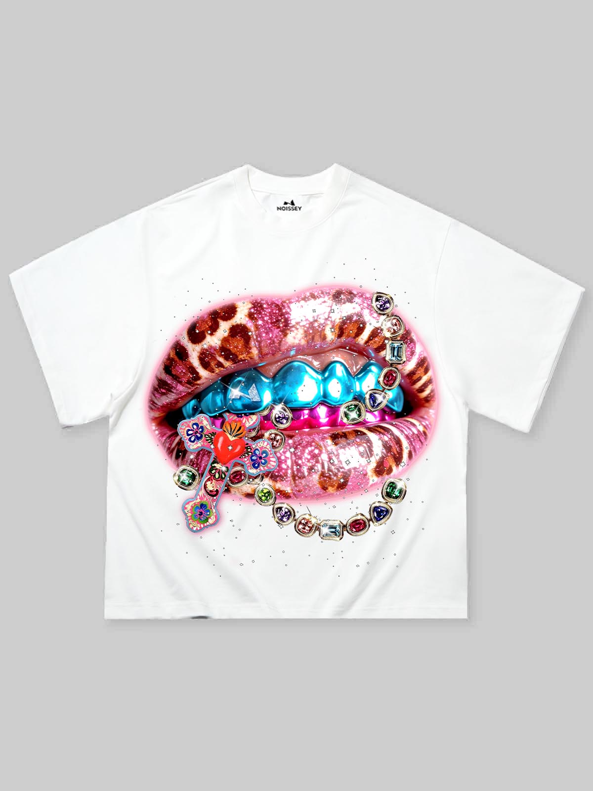 NOISSEY "DIAMOND GRILLZ" LEOPARD RHINESTONE ART TEE
